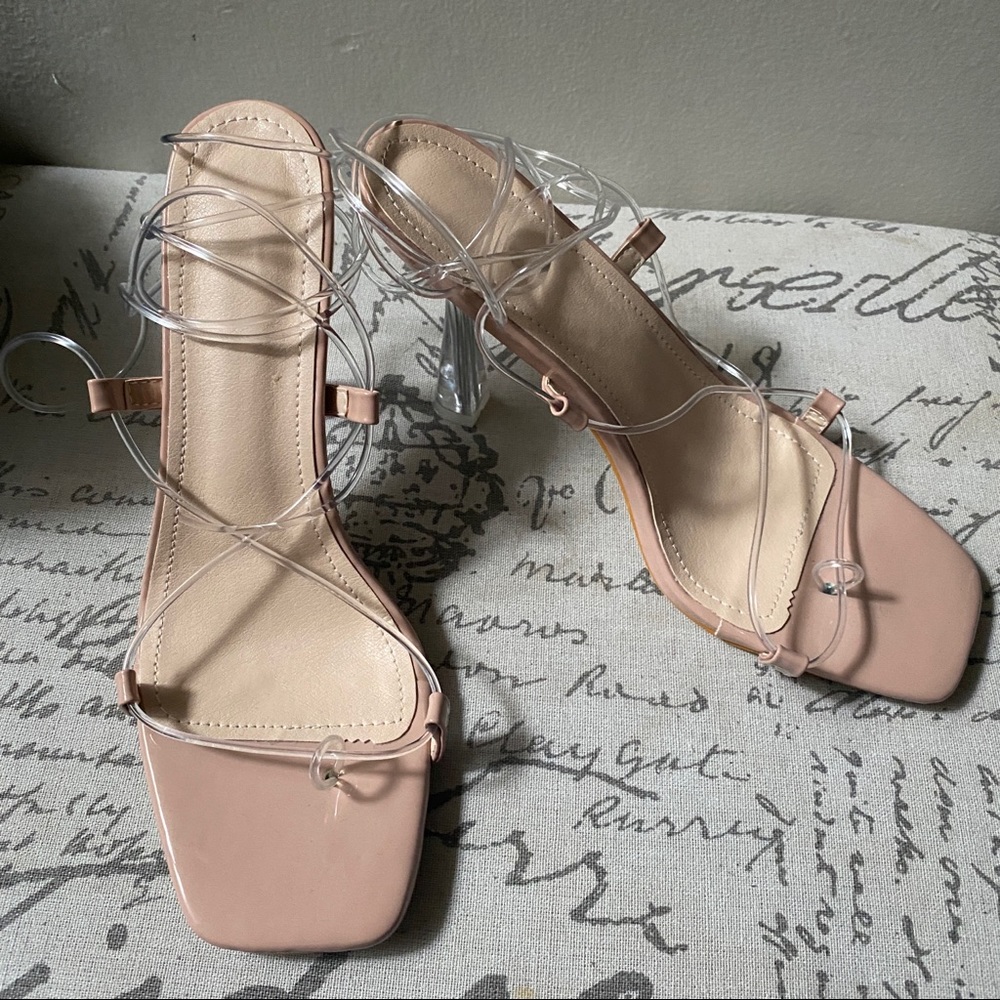 COPY - CLEAR TIE UP LACE UP STRAPPY LEG THONG SANDAL HEELS in TRANSPARENT & NUDE